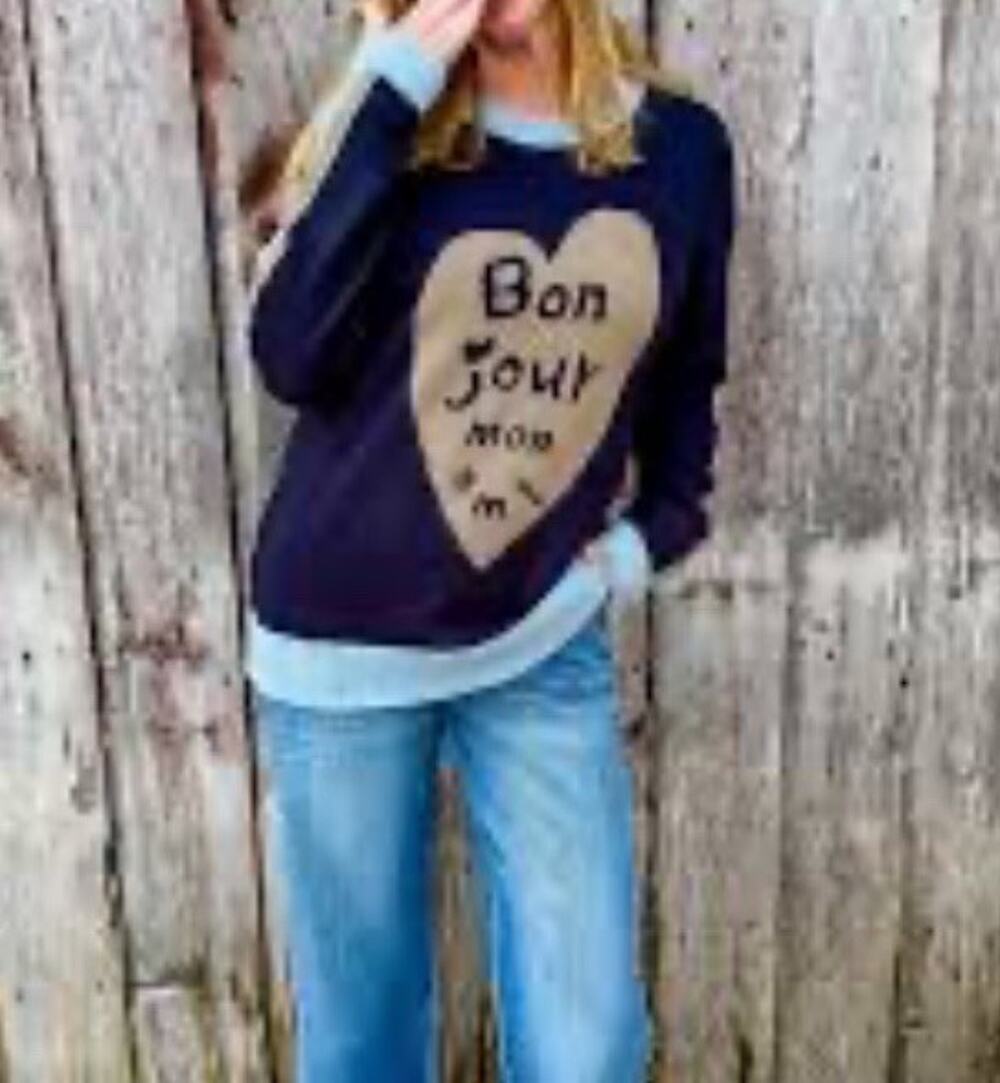 Easel Bon Jour Mon Ami Heart Sweater Navy Blue Knit Pullover Sz Med Wool Blend